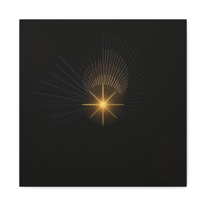 Abstract golden starburst canvas artwork by Printify featuring vibrant gold and white starburst design on a stretched canvas.