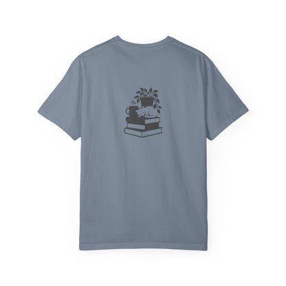 Cozy Cat on Books T-Shirt | Reading Tea Stack Illustration