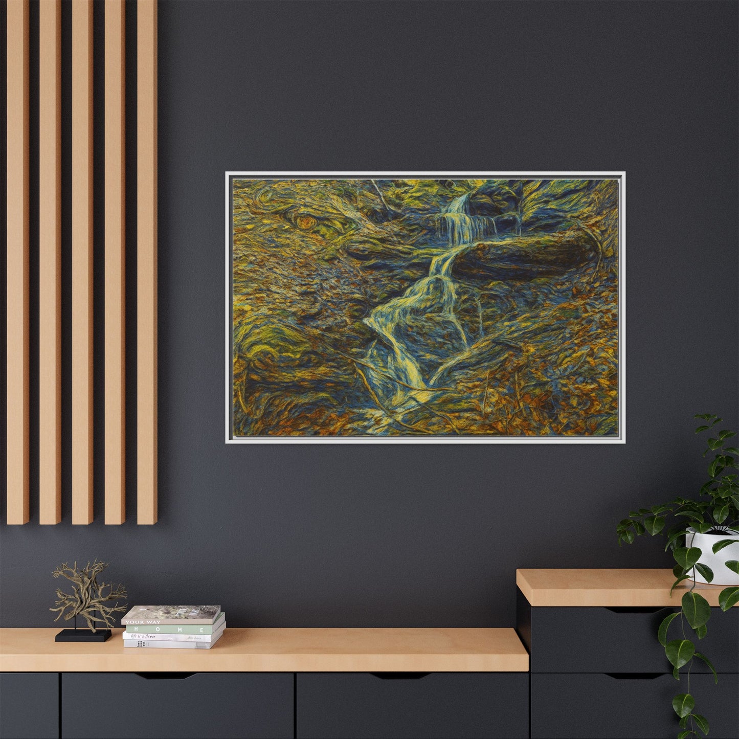 Van Gogh Style Framed Matte Canvas Art Print - Nature-Inspired Wall Decor, Abstract Waterfall Artwork, Home Office Decoration - TRV