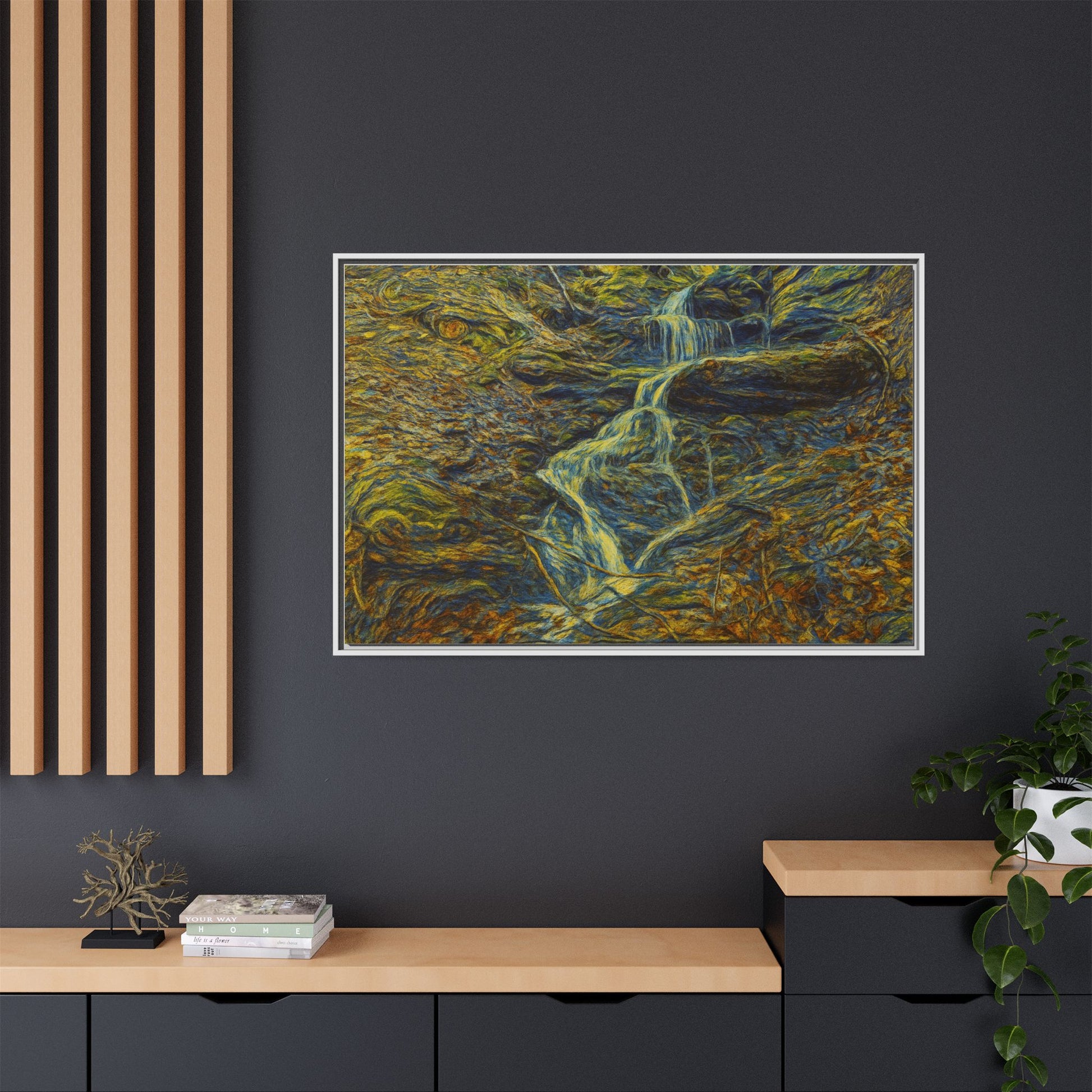 Van Gogh Style Framed Matte Canvas Art Print - Nature-Inspired Wall Decor, Abstract Waterfall Artwork, Home Office Decoration - TRV