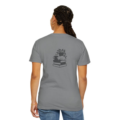 Cozy Cat on Books T-Shirt | Reading Tea Stack Illustration