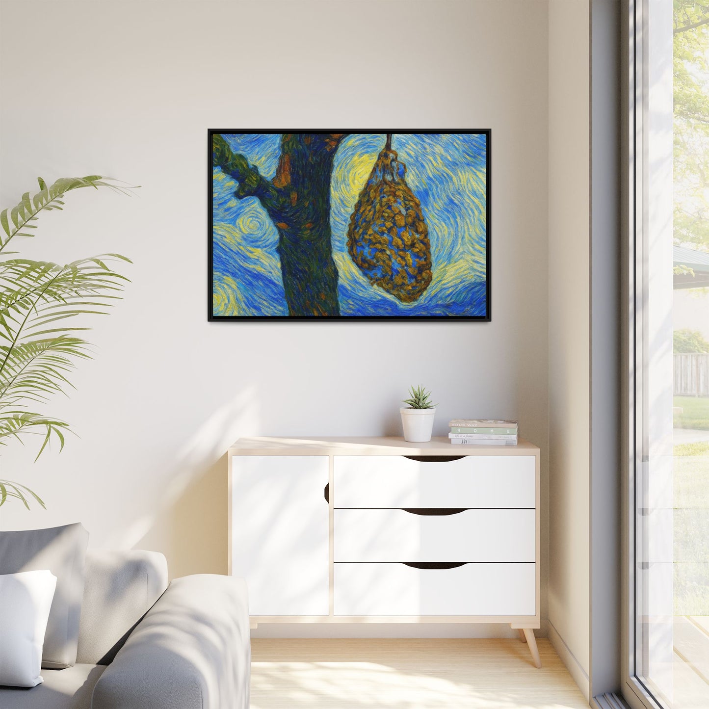 Framed Matte Canvas Art — Van Gogh-Style Swirling Night with Hanging Beehive