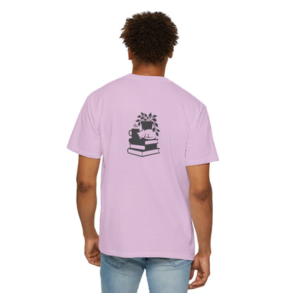 Cozy Cat on Books T-Shirt | Reading Tea Stack Illustration