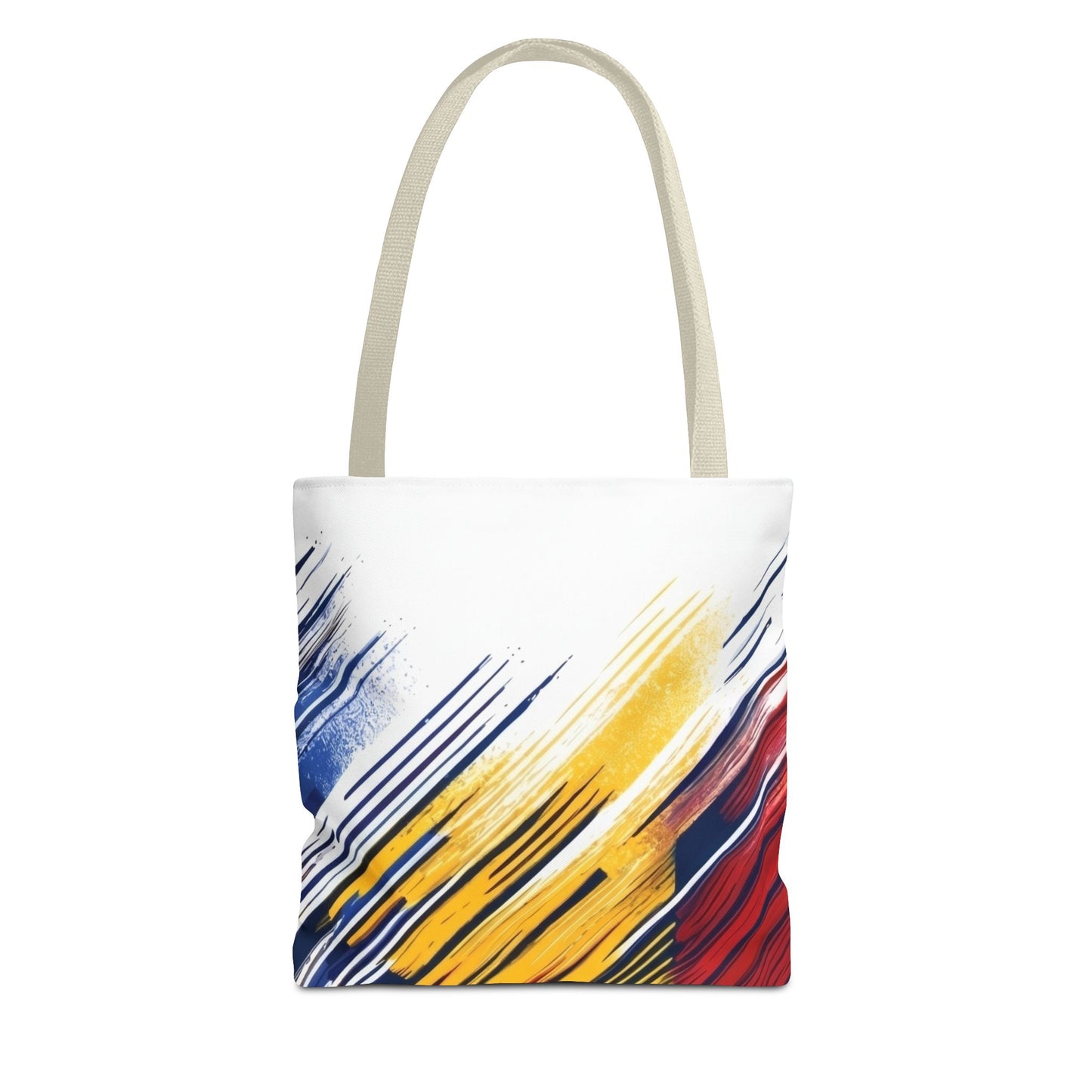 Abstract brushstroke tote bag featuring bold red, yellow, and blue print by Printify, showcasing a colorful, artistic bag design.