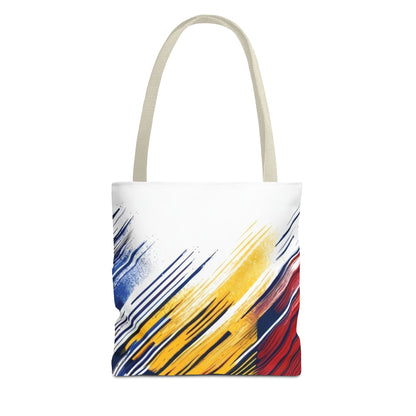 Abstract brushstroke tote bag featuring bold red, yellow, and blue print by Printify, showcasing a colorful, artistic bag design.