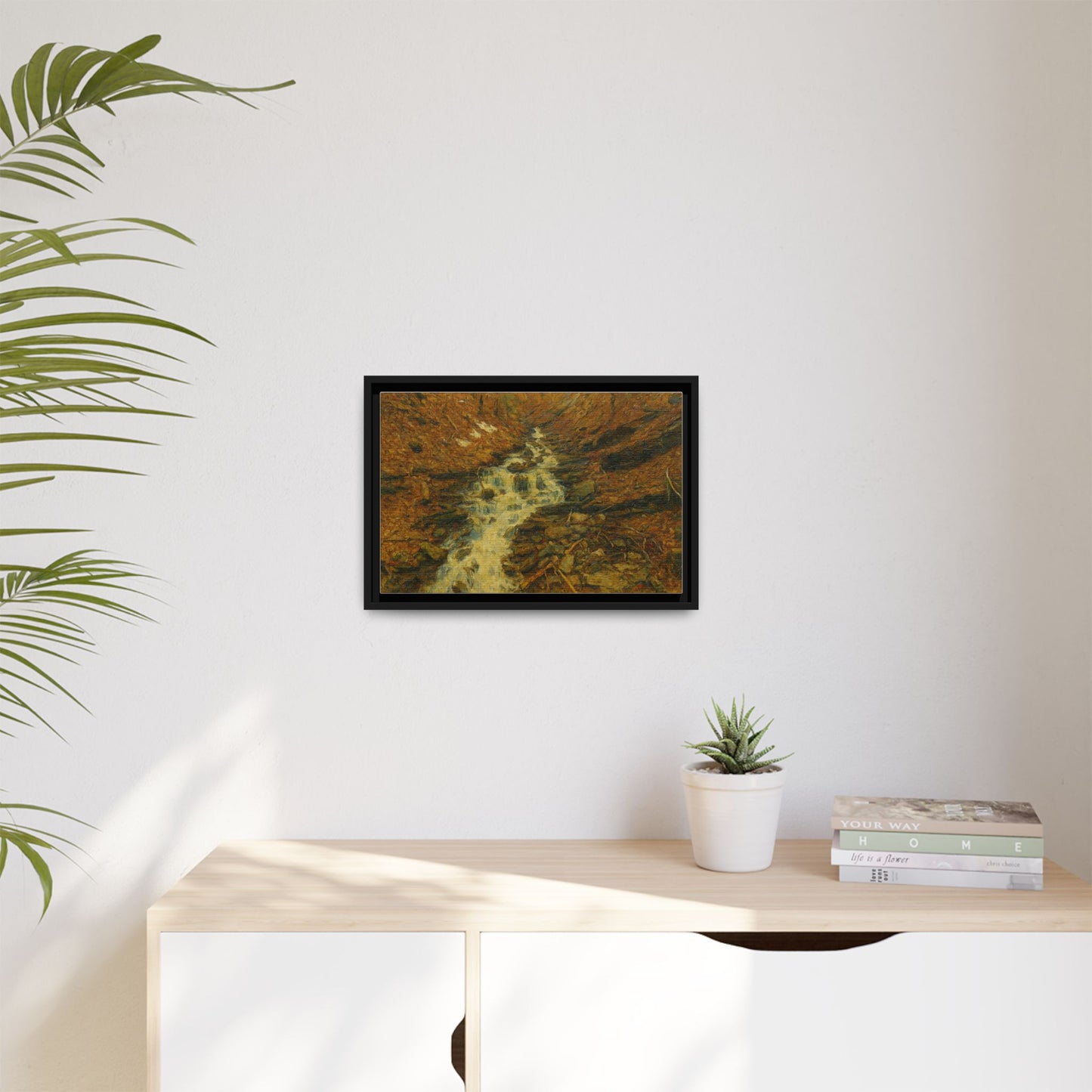 Serene Abstract Nature Canvas Art, Framed Wall Decor, Rustic Home Accent, Earthy Tone Artwork, Tranquil River Scene - TRV
