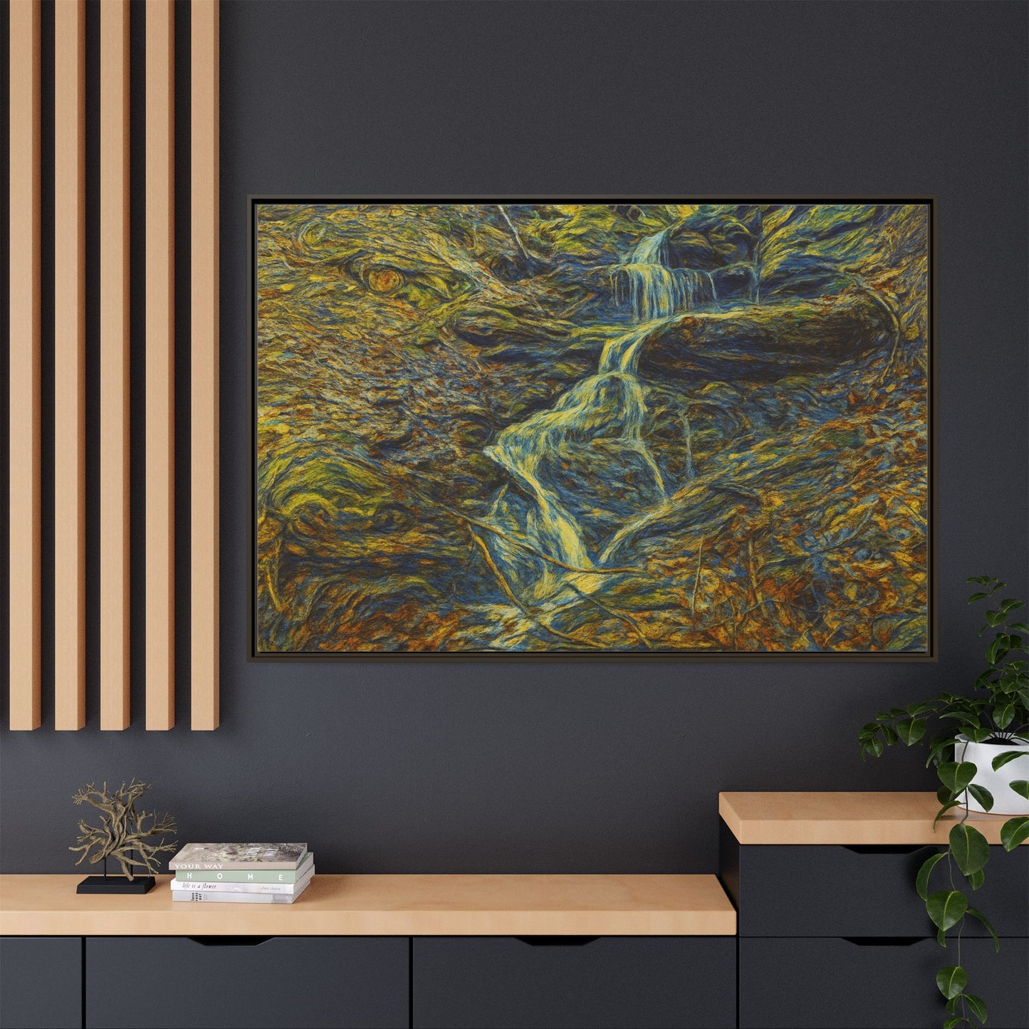 Van Gogh Style Framed Matte Canvas Art Print - Nature-Inspired Wall Decor, Abstract Waterfall Artwork, Home Office Decoration - TRV