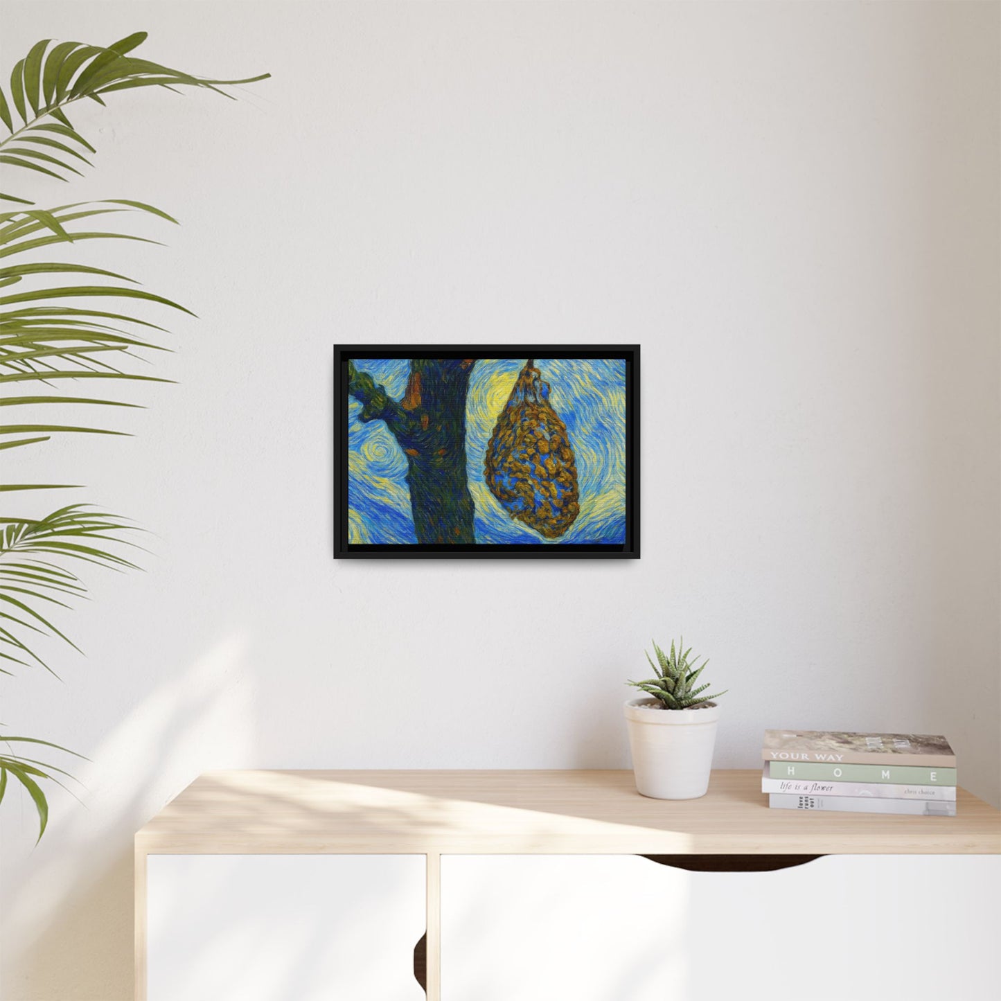 Framed Matte Canvas Art — Van Gogh-Style Swirling Night with Hanging Beehive