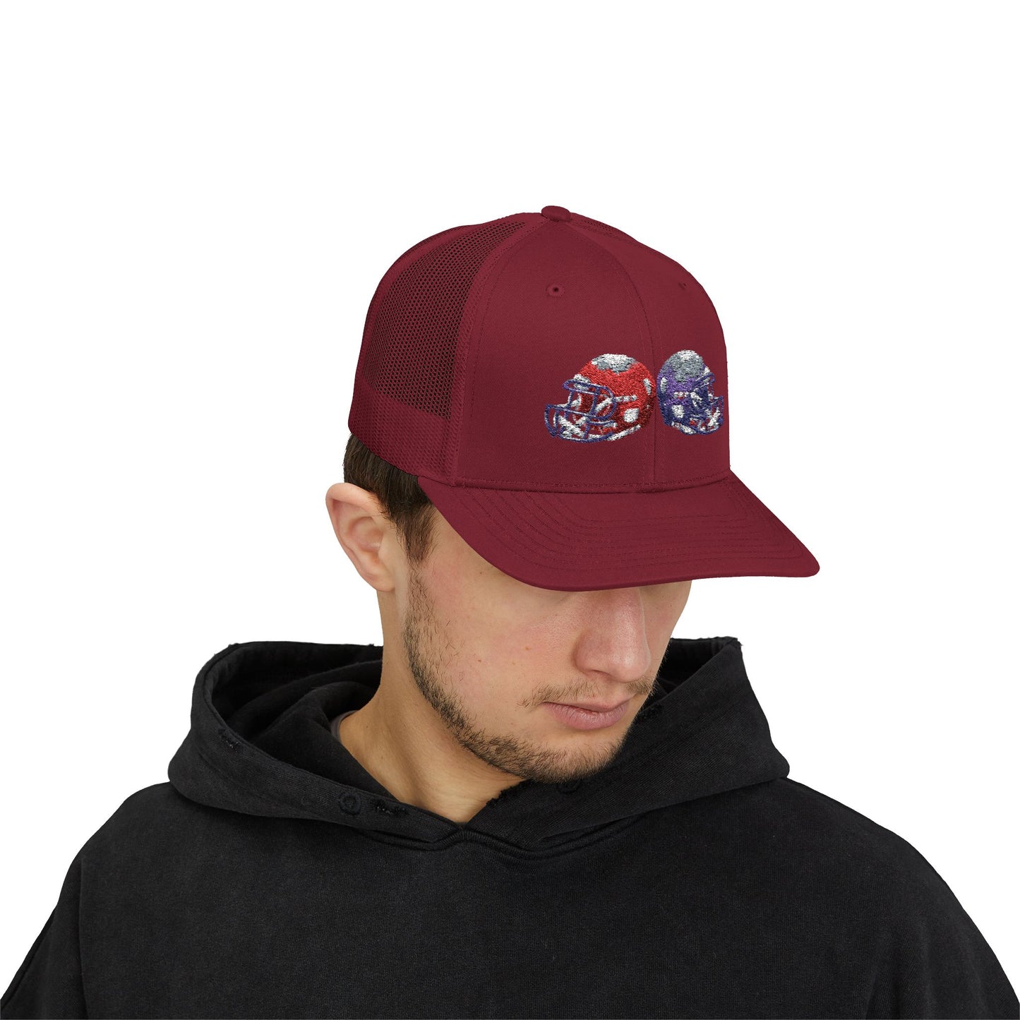 Sporty Snapback Trucker Cap with Football Helmets, Baseball Cap, Outdoor Activity Hat, Gift for Sports Fans, Team Spirit Wear - TRV