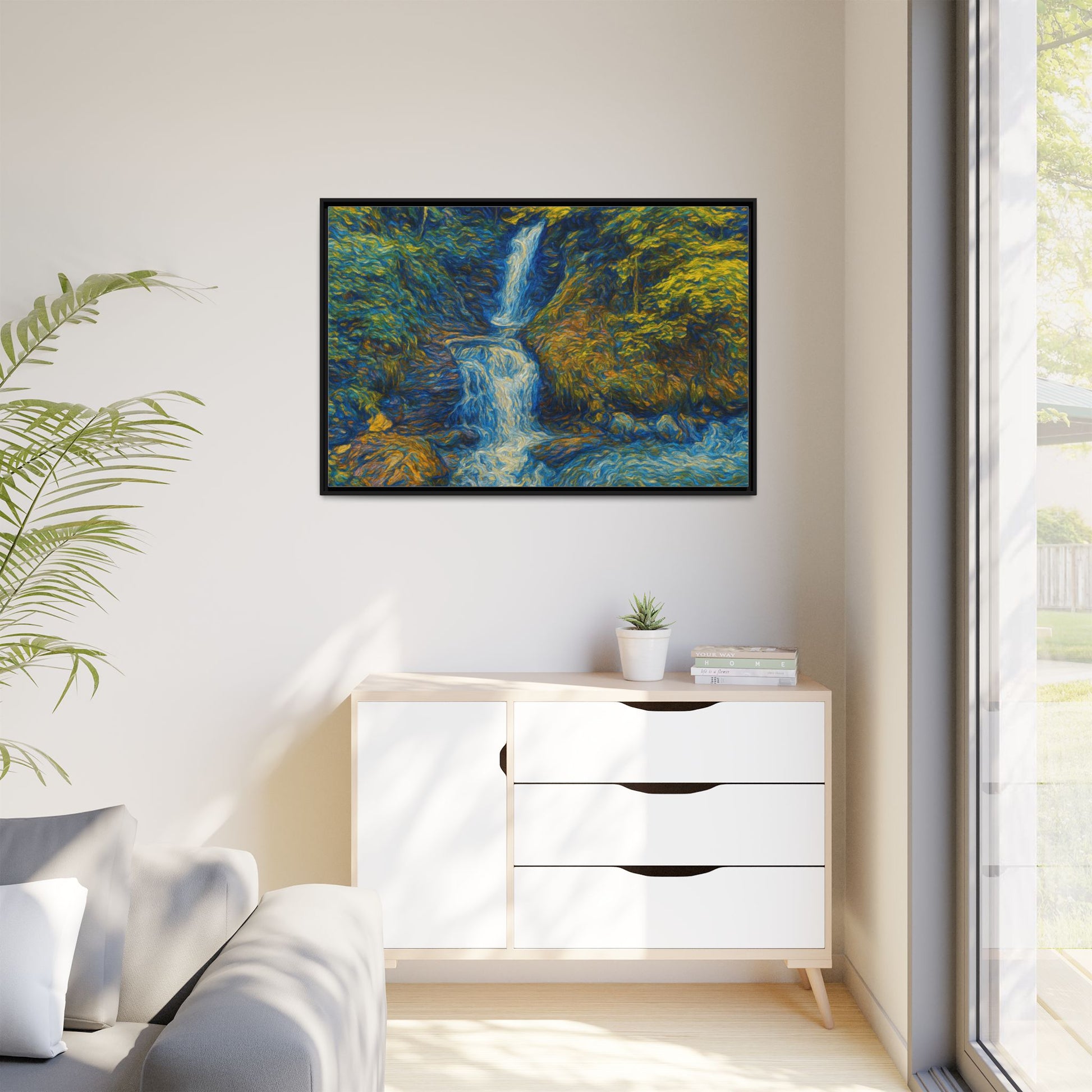 Framed Canvas Art, Majestic Van Gogh Style Waterfall Landscape Wall Decor, Nature Lover Gift, Home Office Artwork, Living Room Decoration - TRV