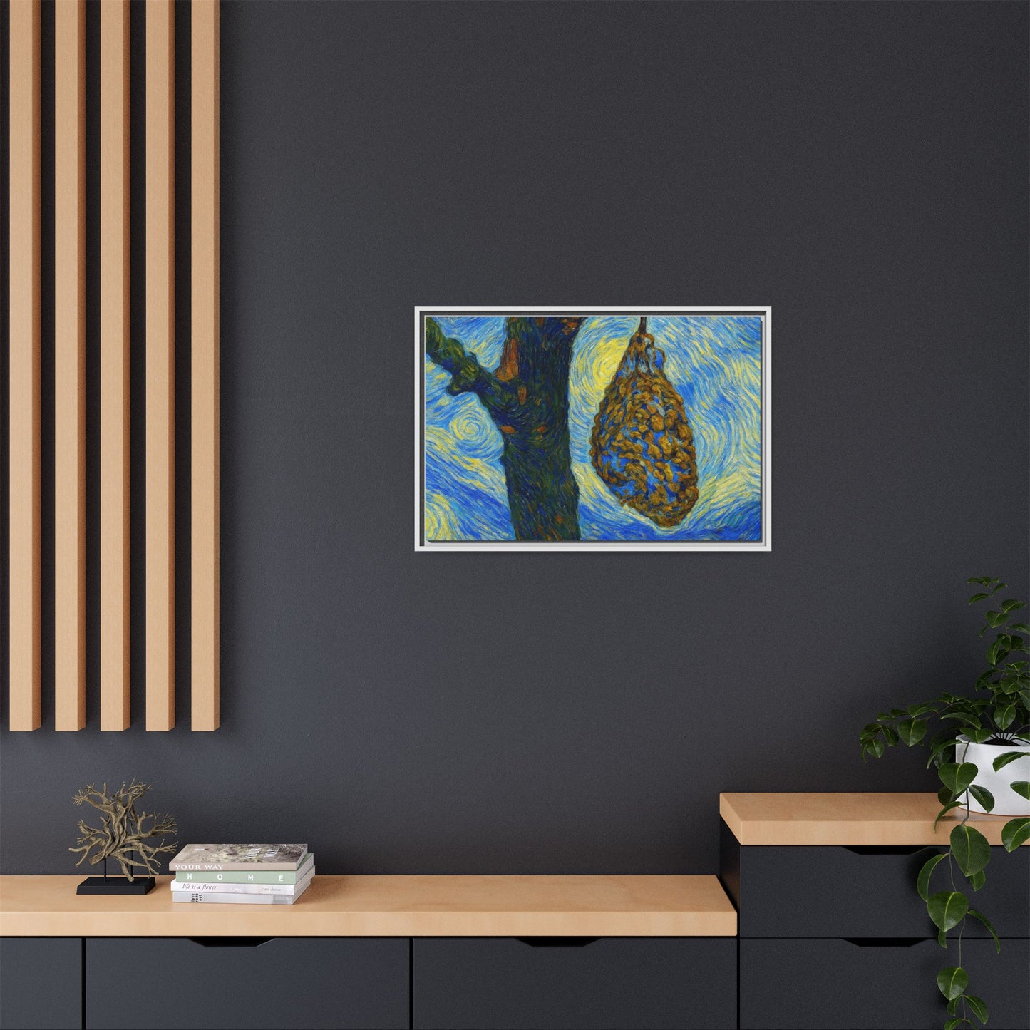 Framed Matte Canvas Art — Van Gogh-Style Swirling Night with Hanging Beehive