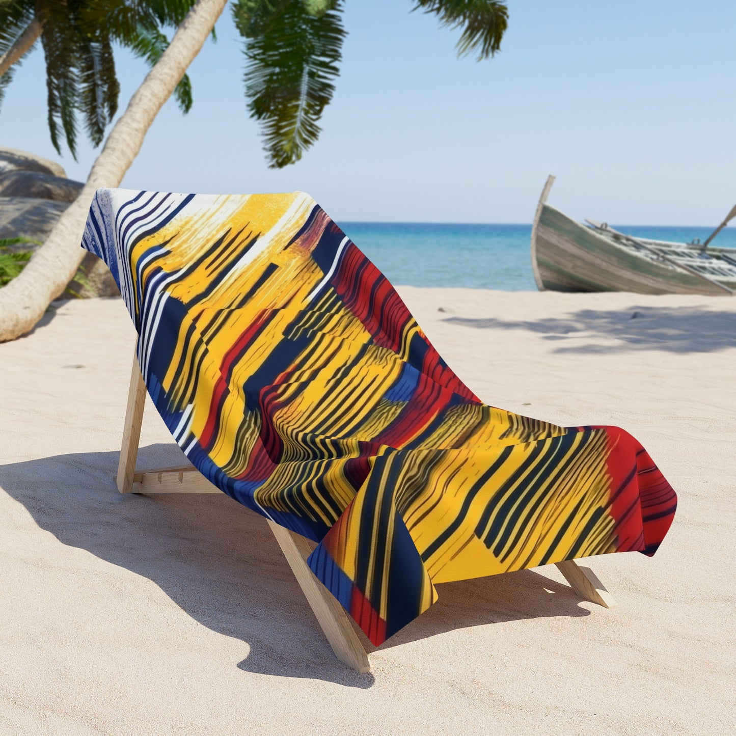 Abstract Striped Beach Towel — Bold Red, Yellow & Blue Summer Vibe
