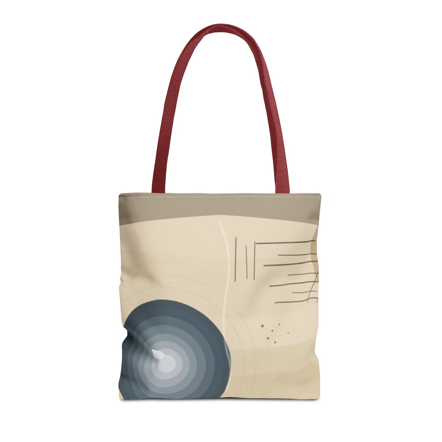 Abstract neutral waves tote bag with geometric circle pattern, featuring a stylish and spacious design by Printify.