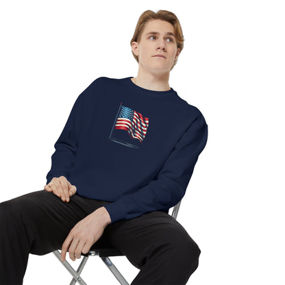 Patriotic Unisex Garment-Dyed Sweatshirt with Vintage American Flag, Cozy Fall Outfit, Statement Sweater, Gift for Veterans, Casual Fashion - TRV