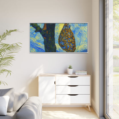 Framed Matte Canvas Art — Van Gogh-Style Swirling Night with Hanging Beehive