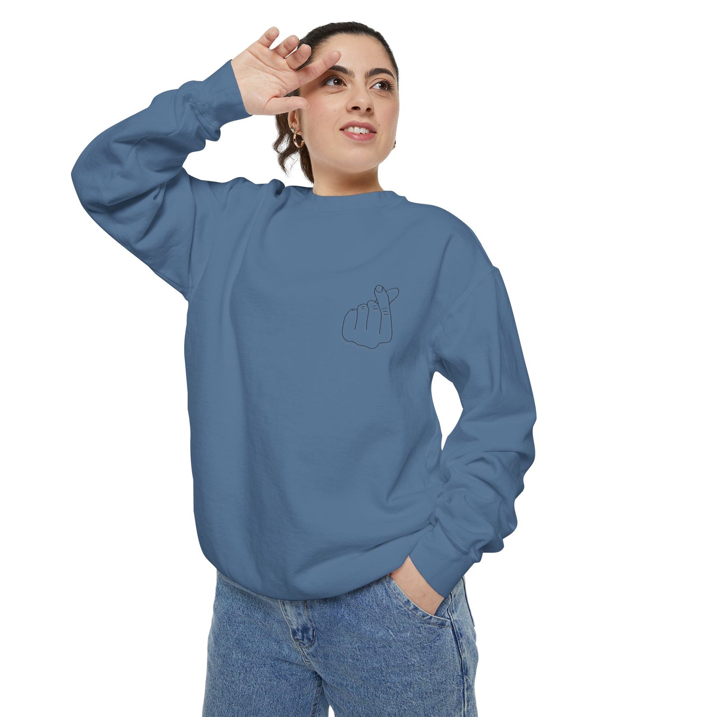 Minimalist Peace Hand Sweatshirt — Small Chest Line Art Crewneck
