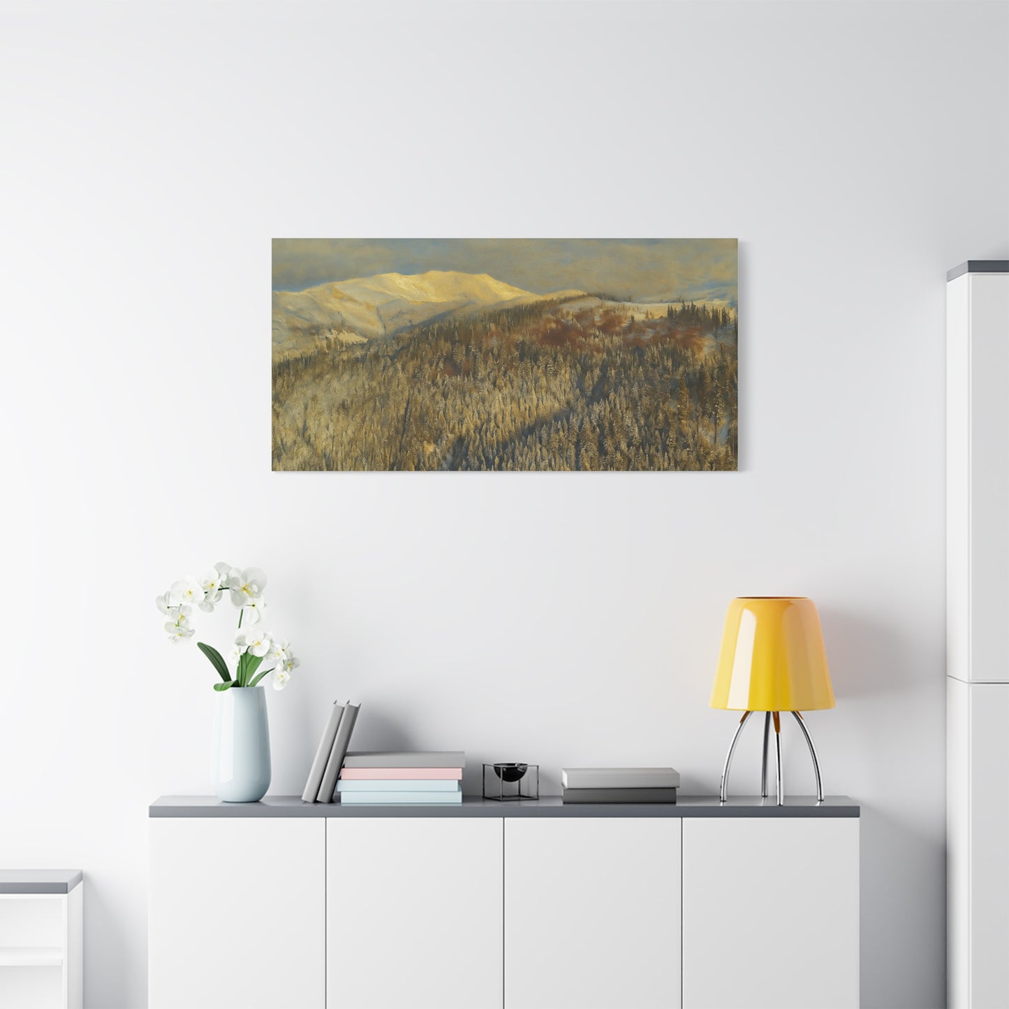 Mountain Serenity Stretched Canvas Art, Winter Landscape Wall Decor, Nature Print for Home, Gift for Nature Lovers, Cozy Interior Accent