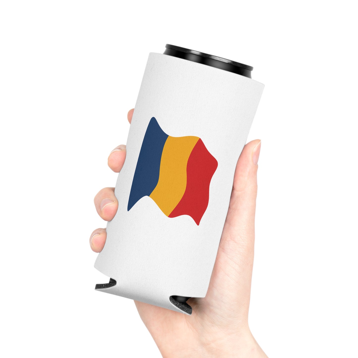 Romania Flag Can Cooler – Insulated Beer Koozie (Waving Tricolor)