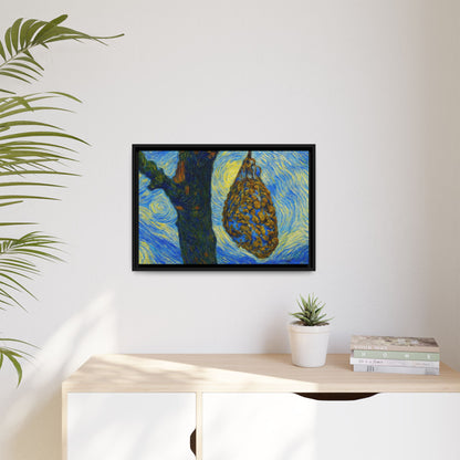 Framed Matte Canvas Art — Van Gogh-Style Swirling Night with Hanging Beehive