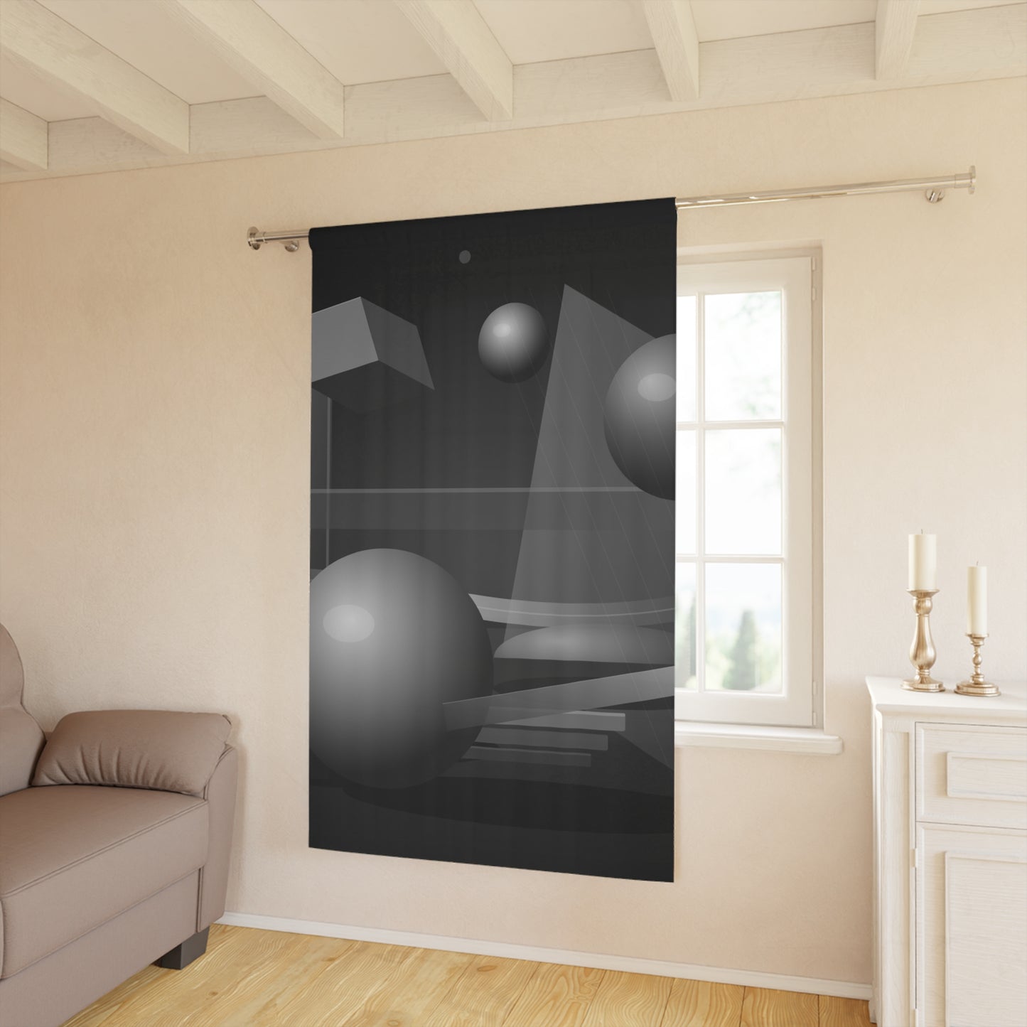 Black and gray abstract geometric spheres window curtains featuring modern home decor design with stylish patterns.