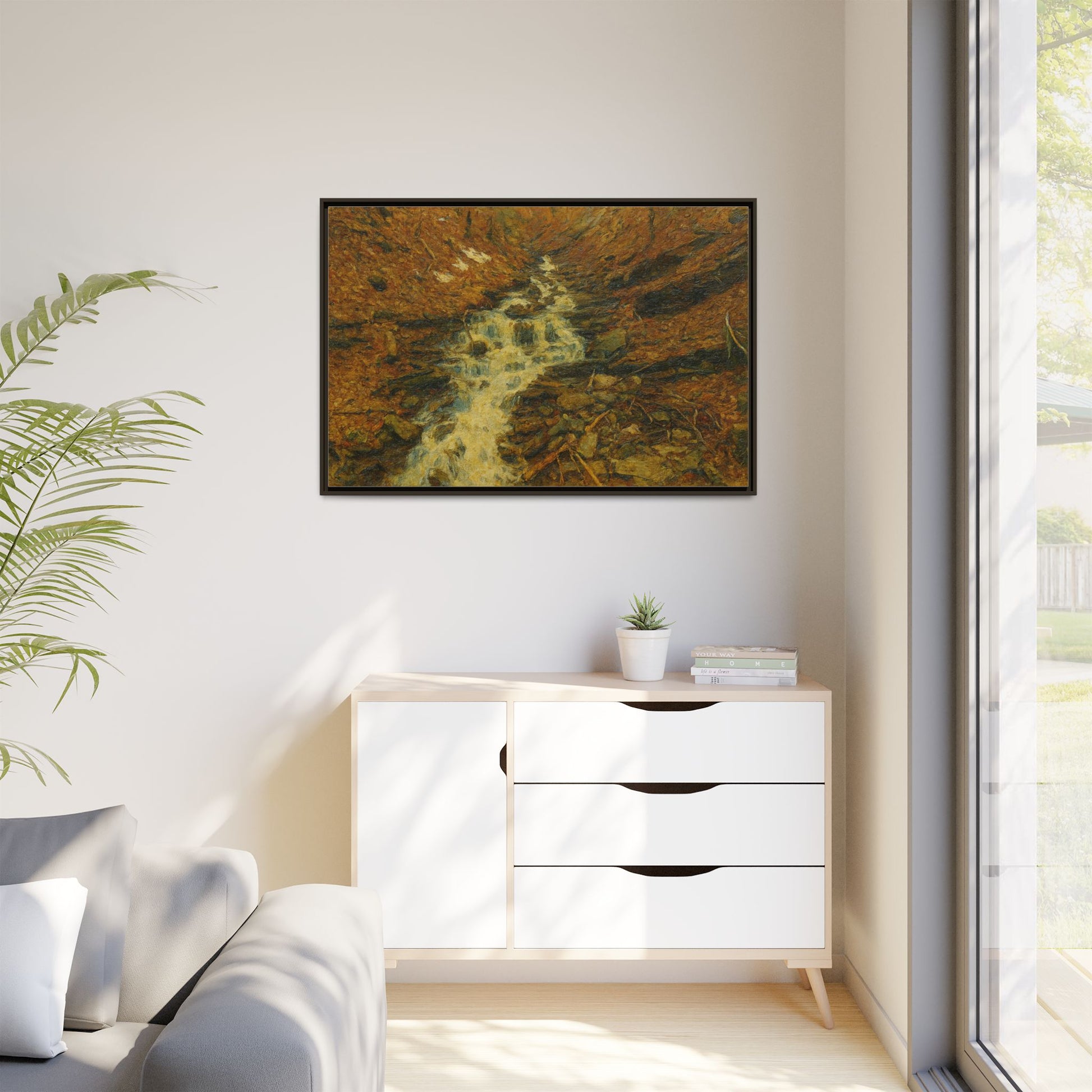 Serene Abstract Nature Canvas Art, Framed Wall Decor, Rustic Home Accent, Earthy Tone Artwork, Tranquil River Scene - TRV