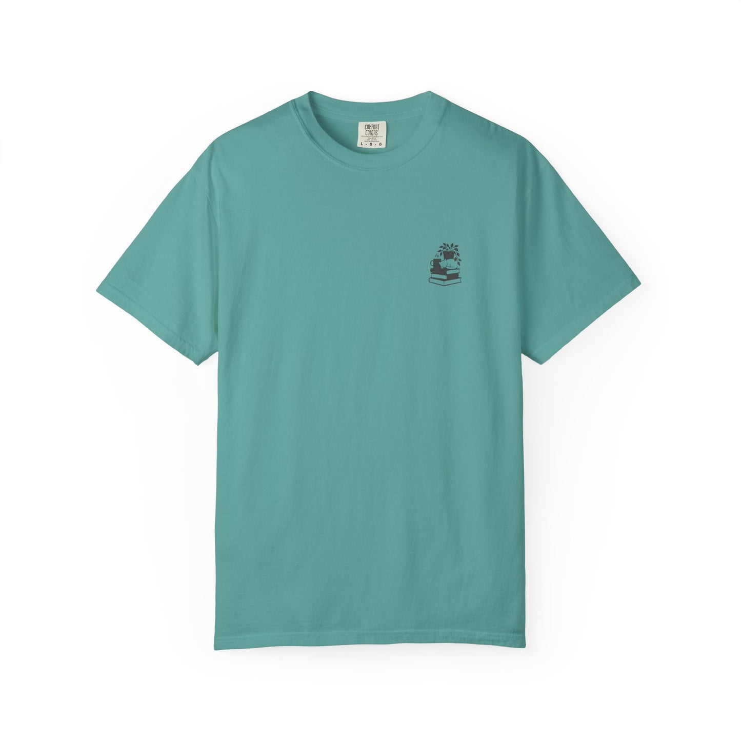 Cozy Cat on Books T-Shirt | Reading Tea Stack Illustration