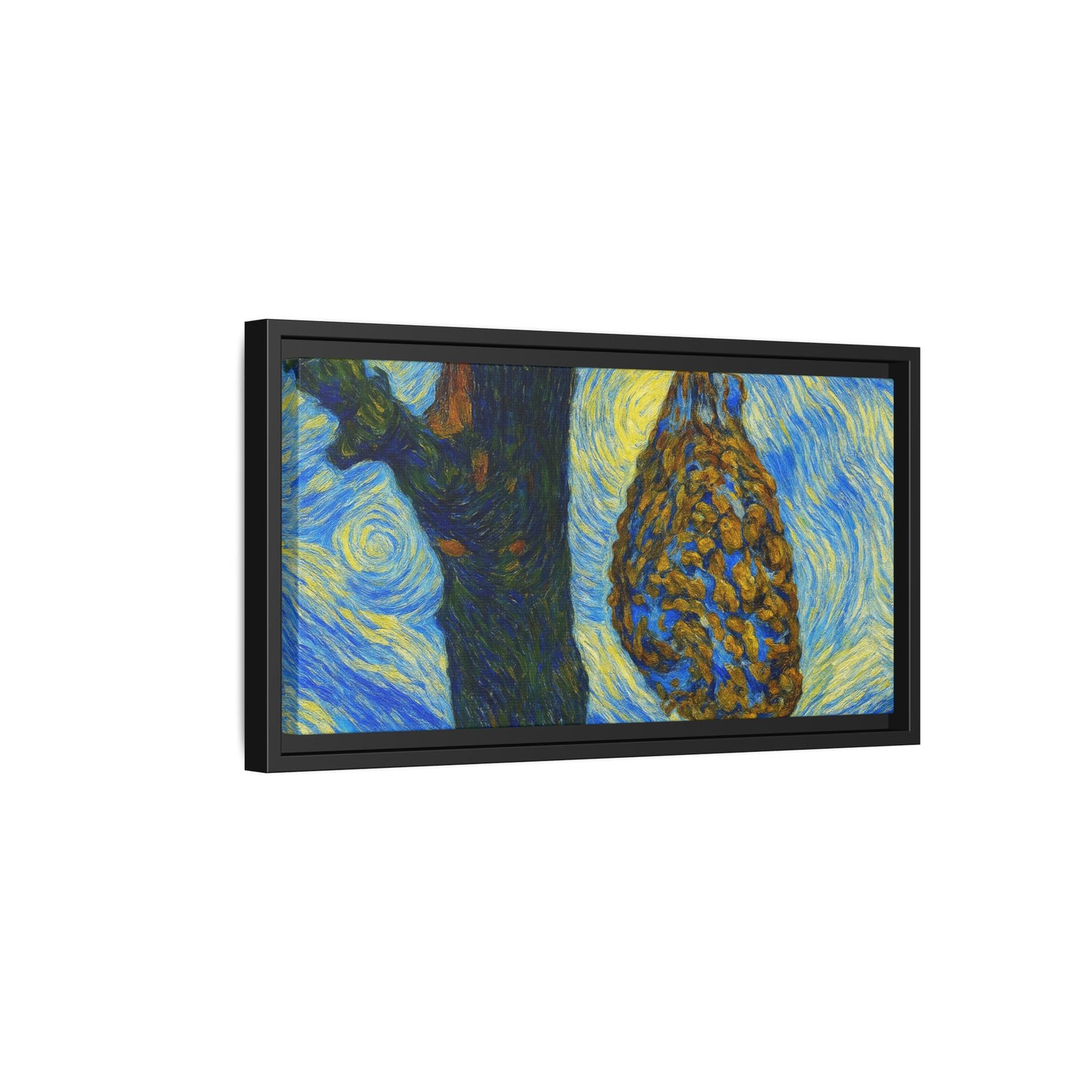 Framed Matte Canvas Art — Van Gogh-Style Swirling Night with Hanging Beehive