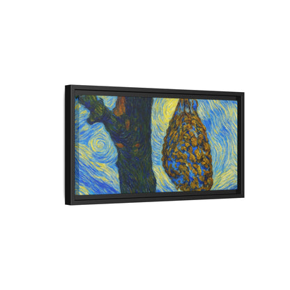 Framed Matte Canvas Art — Van Gogh-Style Swirling Night with Hanging Beehive