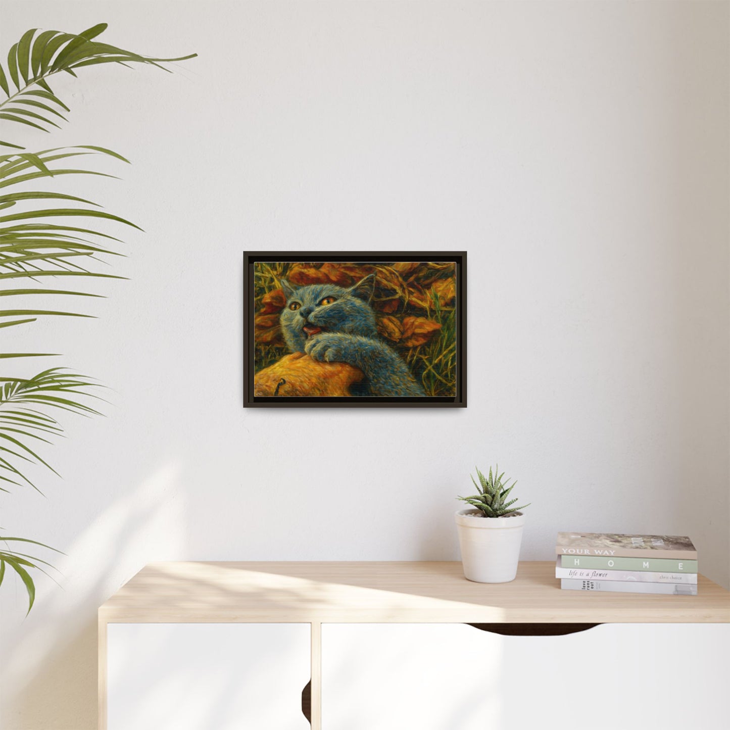 Whimsical Cat Wall Art, Blue Cat Framed Print, Colorful Canvas Decor, Pet Lover Gift, Funny Home Accent