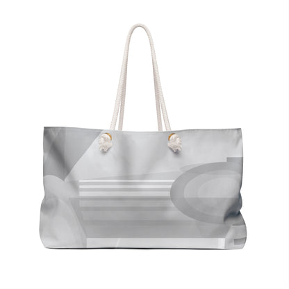 Gray geometric pattern weekender bag by Printify, neutral travel tote with spacious interior and stylish abstract design.