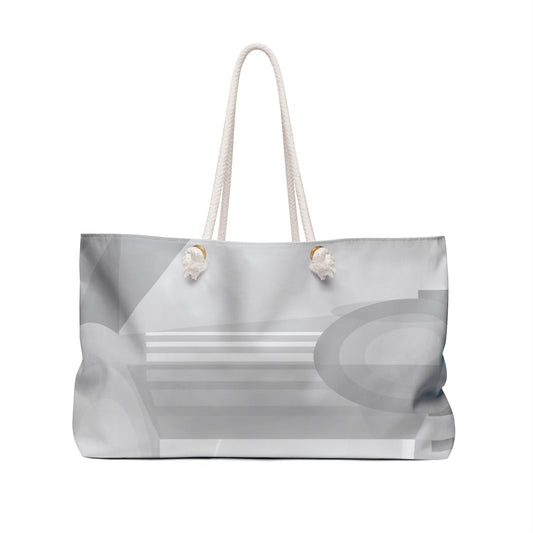 Gray geometric pattern weekender bag by Printify, neutral travel tote with spacious interior and stylish abstract design.