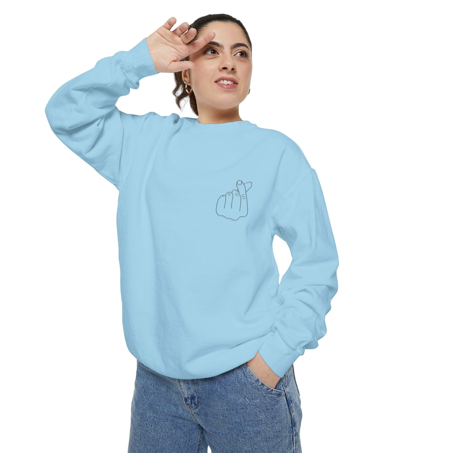 Minimalist Peace Hand Sweatshirt — Small Chest Line Art Crewneck