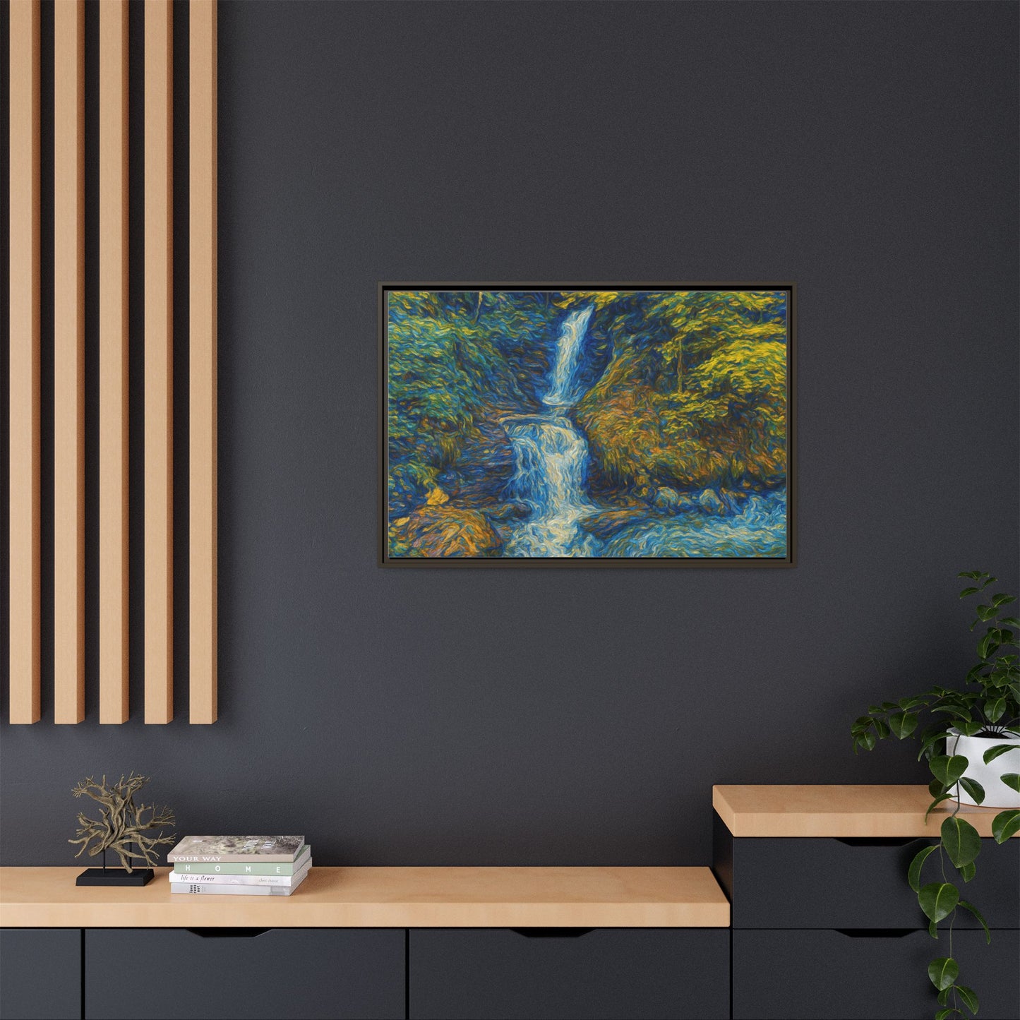 Framed Canvas Art, Majestic Van Gogh Style Waterfall Landscape Wall Decor, Nature Lover Gift, Home Office Artwork, Living Room Decoration - TRV