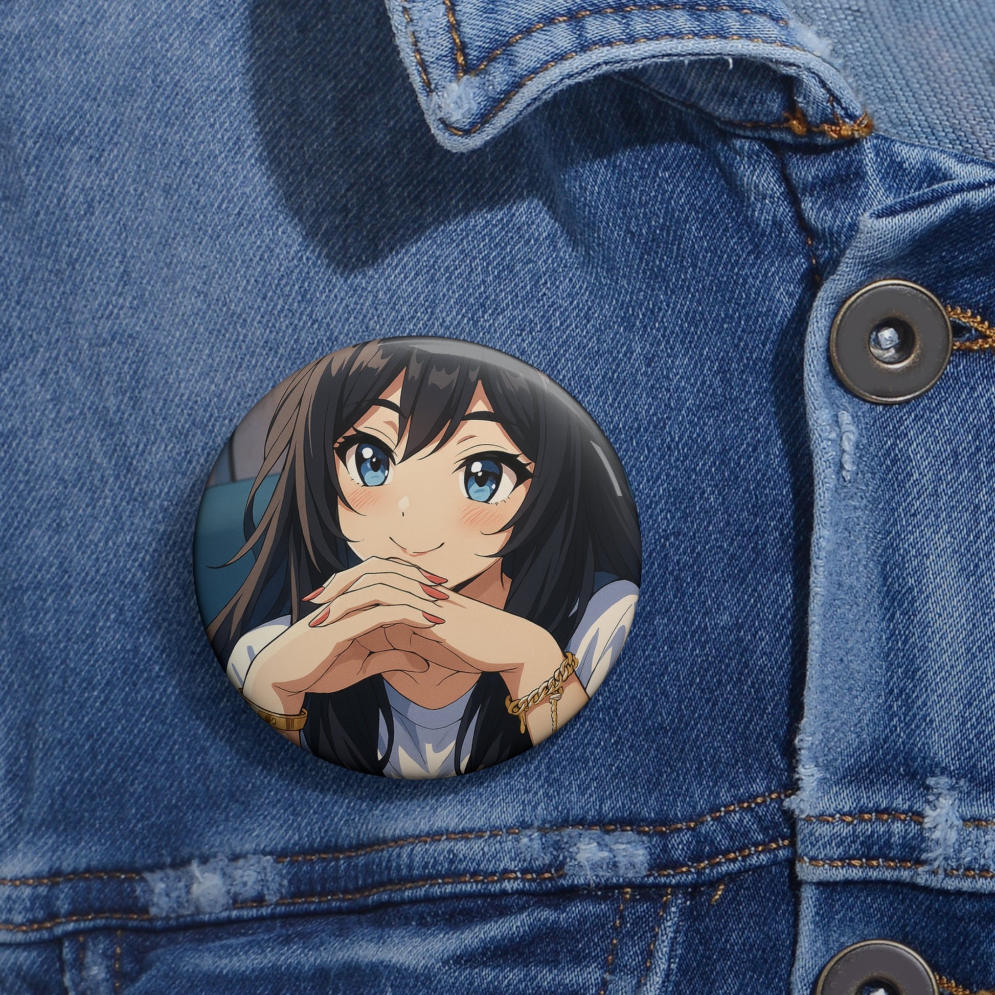 Anime girl illustration pin button featuring a colorful custom design, perfect as a stylish accessory for anime fans.