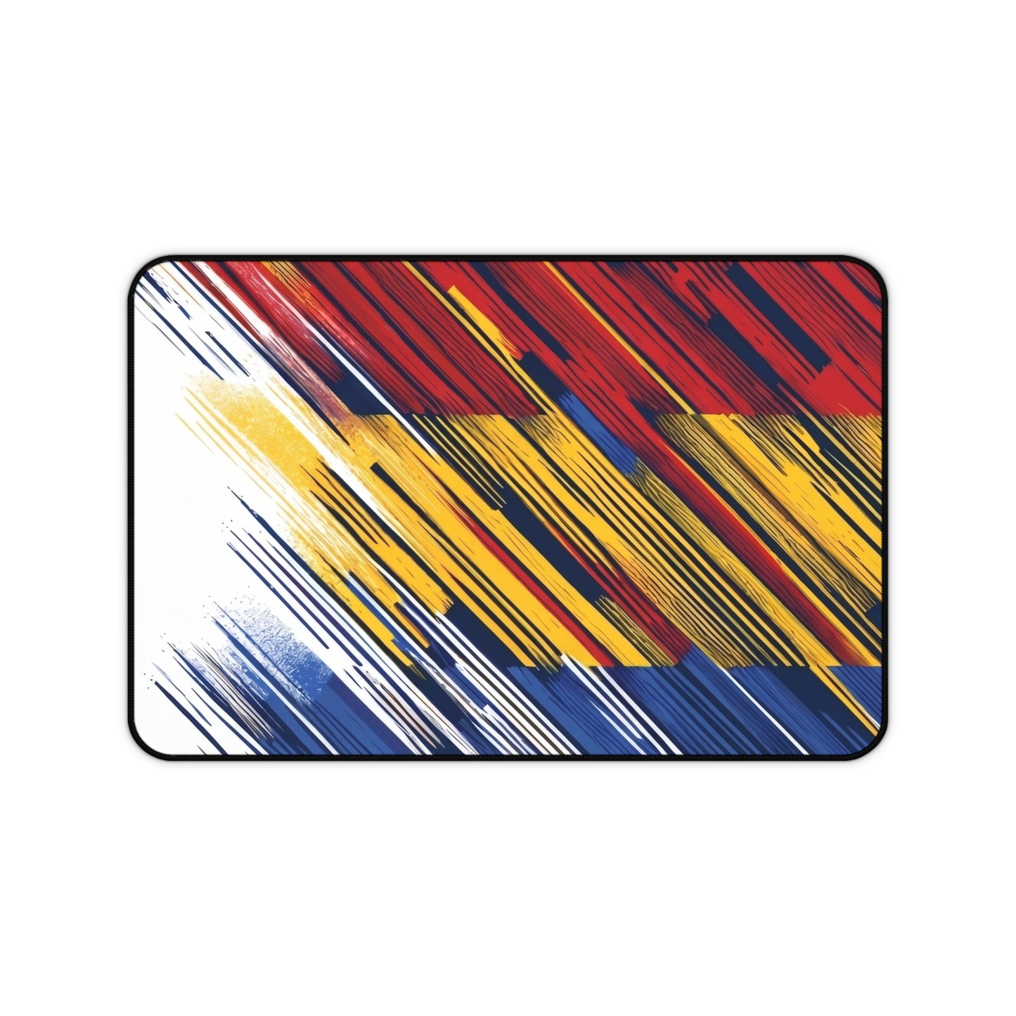 Colorful abstract flag brushstroke desk mat with red, yellow, and blue tones, ideal for gaming or office use by Printify.