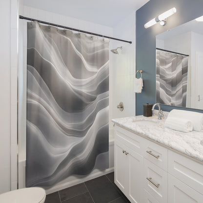 Abstract gray waves shower curtain with soft marble swirl design, ideal for modern bathroom decor from Printify.
