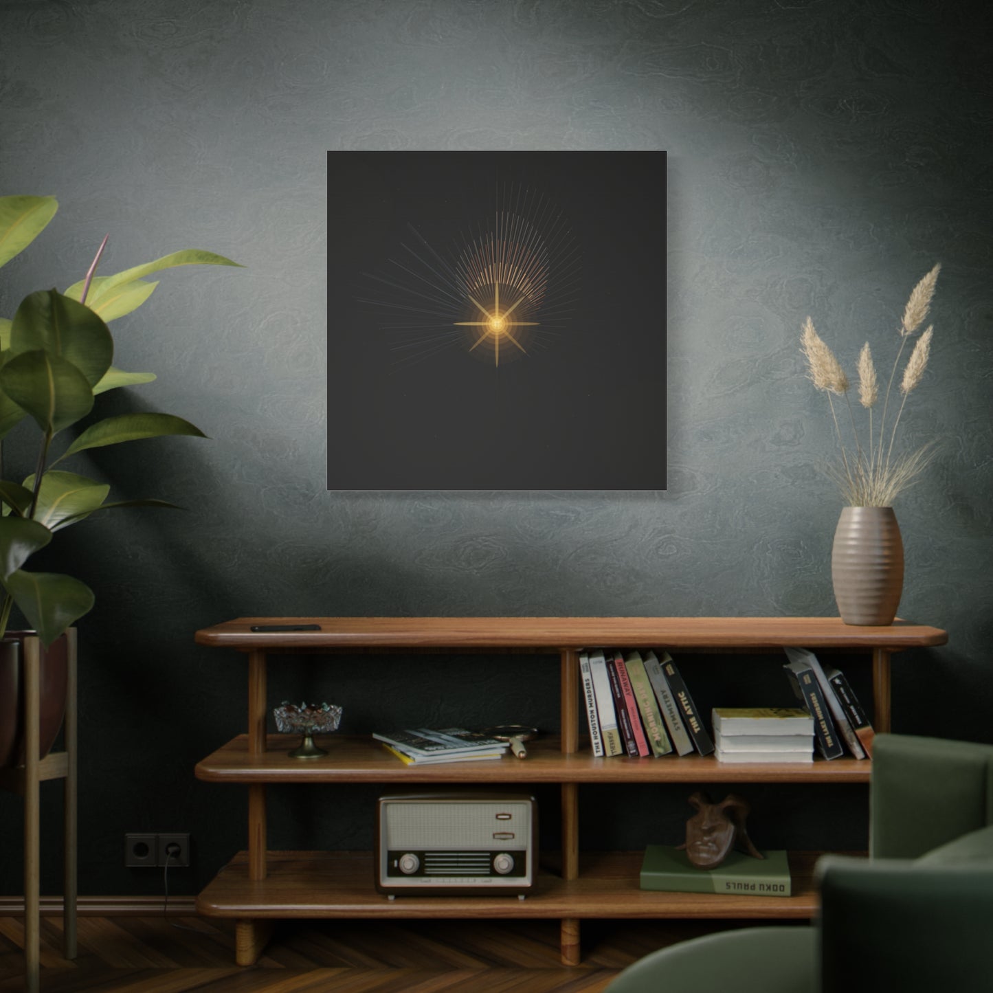 Abstract golden starburst canvas artwork by Printify featuring a vibrant, eye-catching design on a stretched canvas.