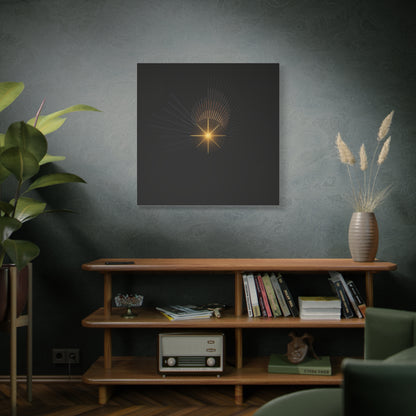 Abstract golden starburst canvas artwork by Printify featuring a vibrant, eye-catching design on a stretched canvas.