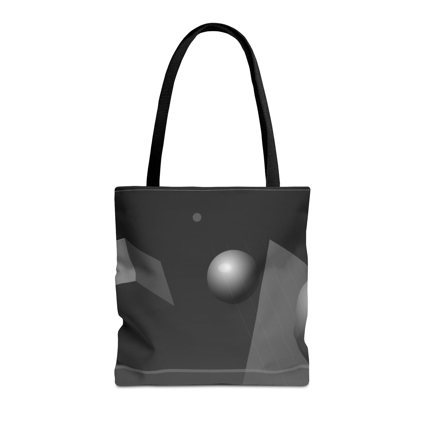 Abstract monochrome orb tote bag by Printify featuring a modern, artistic black and white circular design on durable fabric.