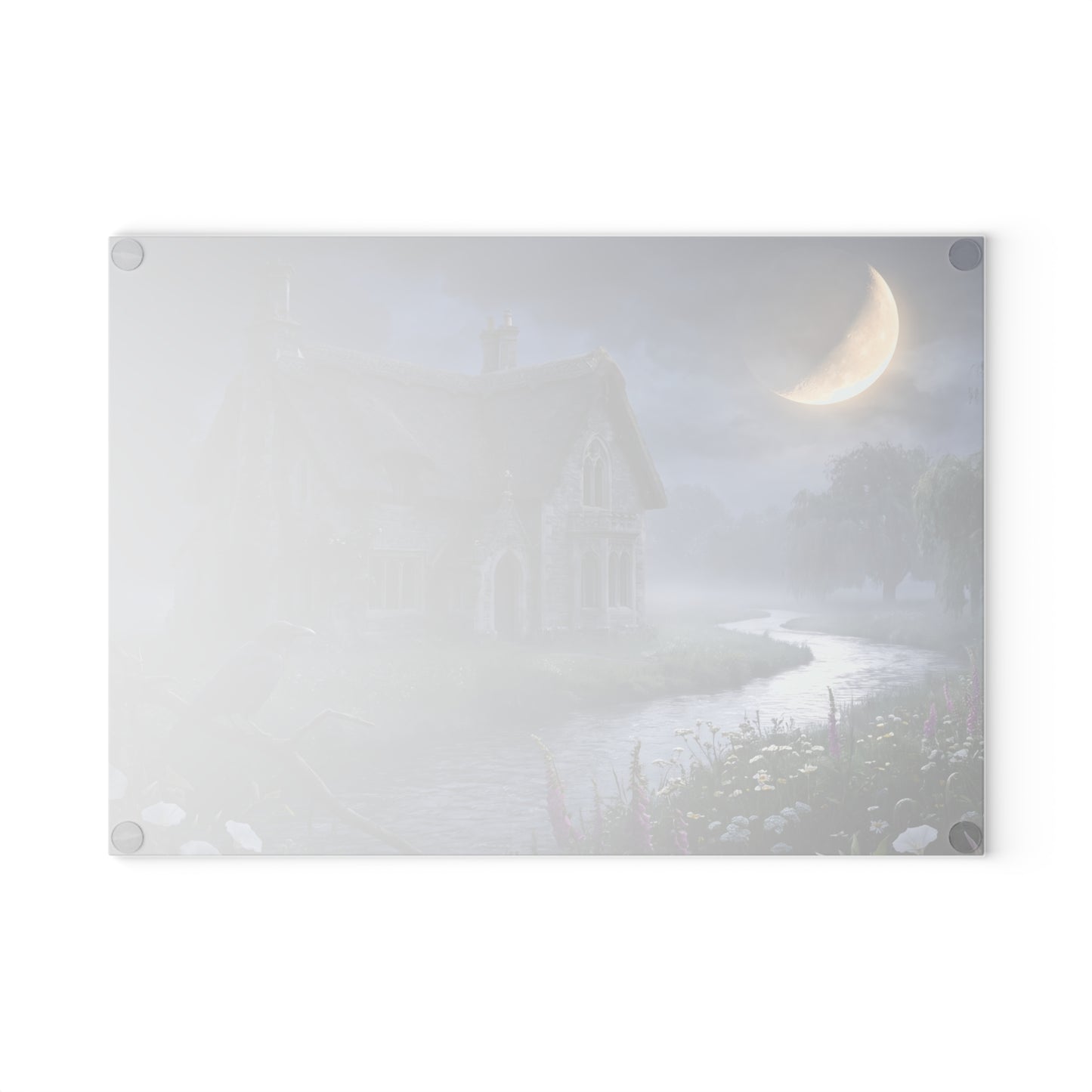 Moonlit Cottage river scene Glass Cutting Board | mystical night landscape
