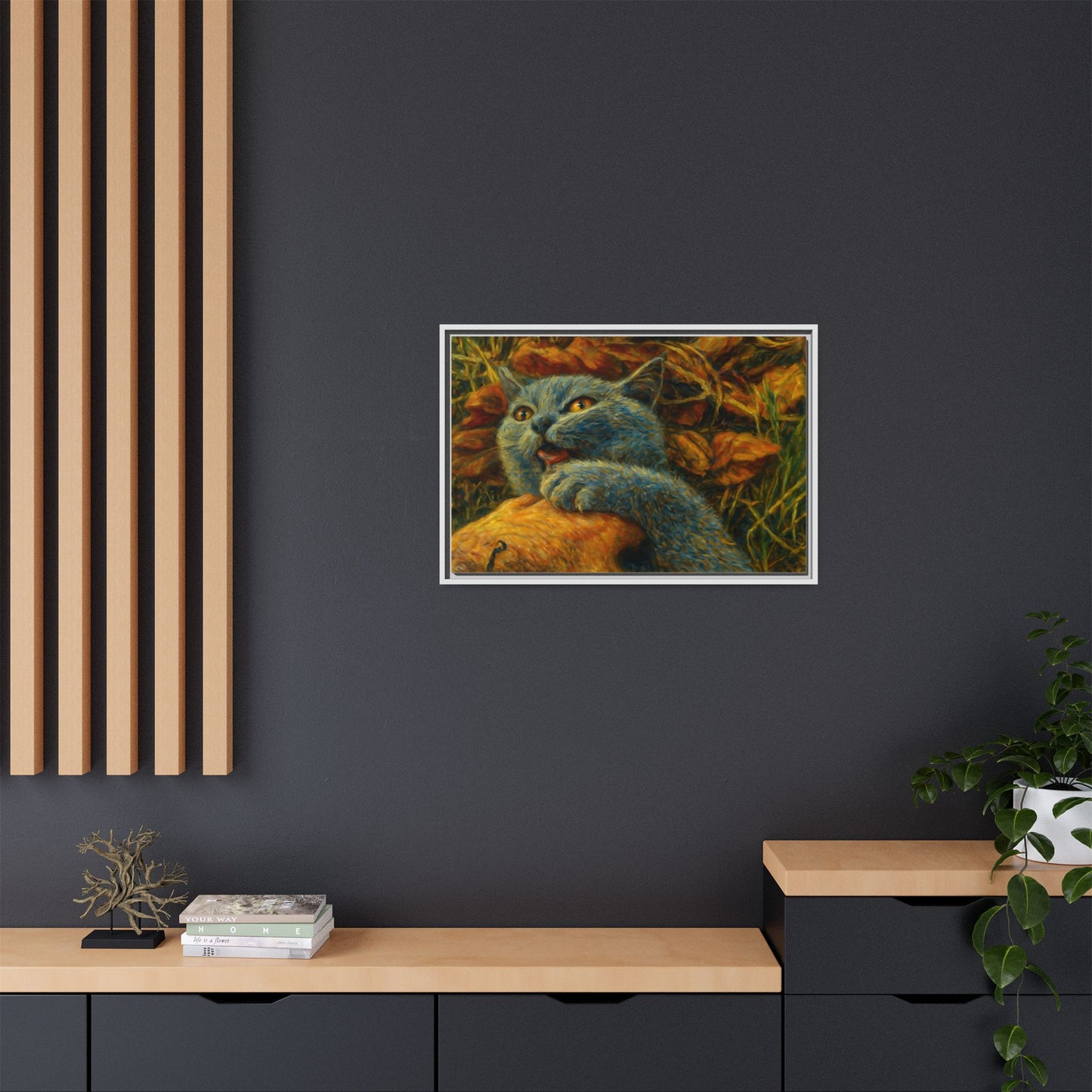 Whimsical Cat Wall Art, Blue Cat Framed Print, Colorful Canvas Decor, Pet Lover Gift, Funny Home Accent