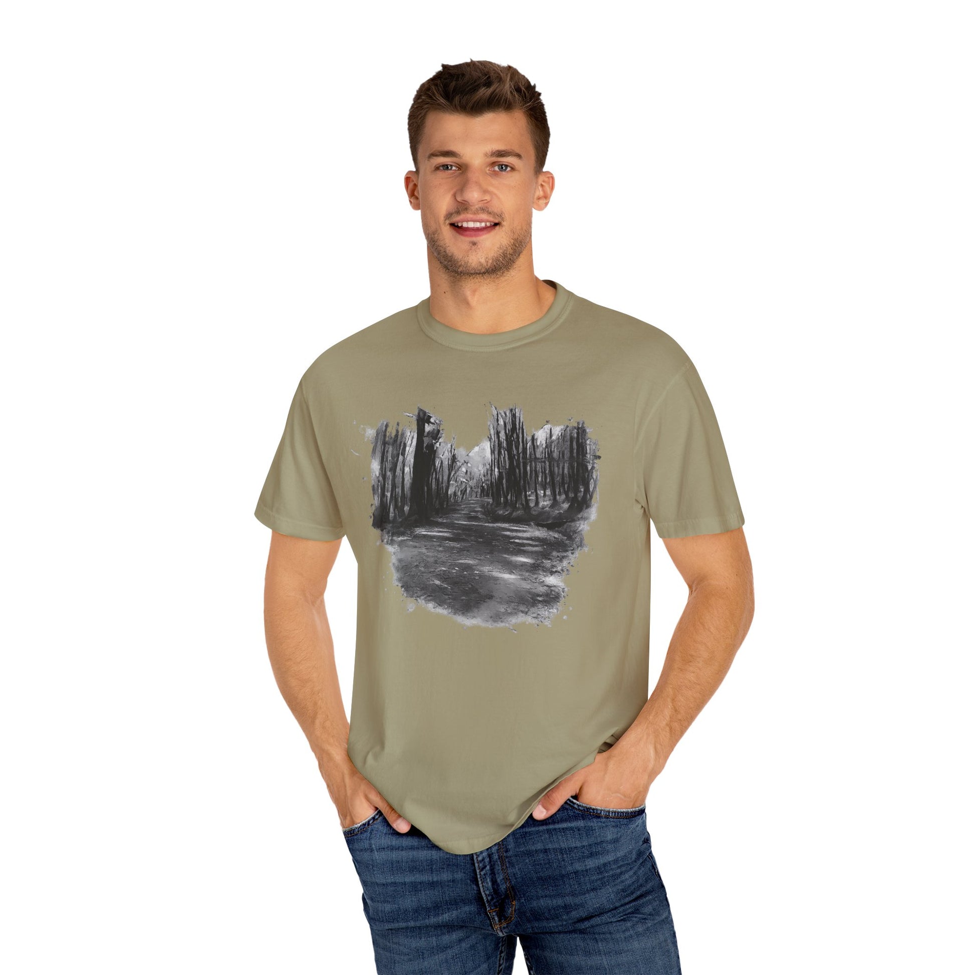 Artistic Forest Scene T-shirt | Nature Lover Gift, Outdoor Adventure Tee, Eco-Friendly Fashion, Vintage Inspired Clothing, Unisex Gift - TRV