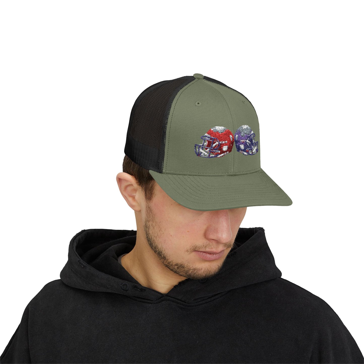 Sporty Snapback Trucker Cap with Football Helmets, Baseball Cap, Outdoor Activity Hat, Gift for Sports Fans, Team Spirit Wear - TRV