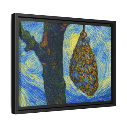 Framed Matte Canvas Art — Van Gogh-Style Swirling Night with Hanging Beehive