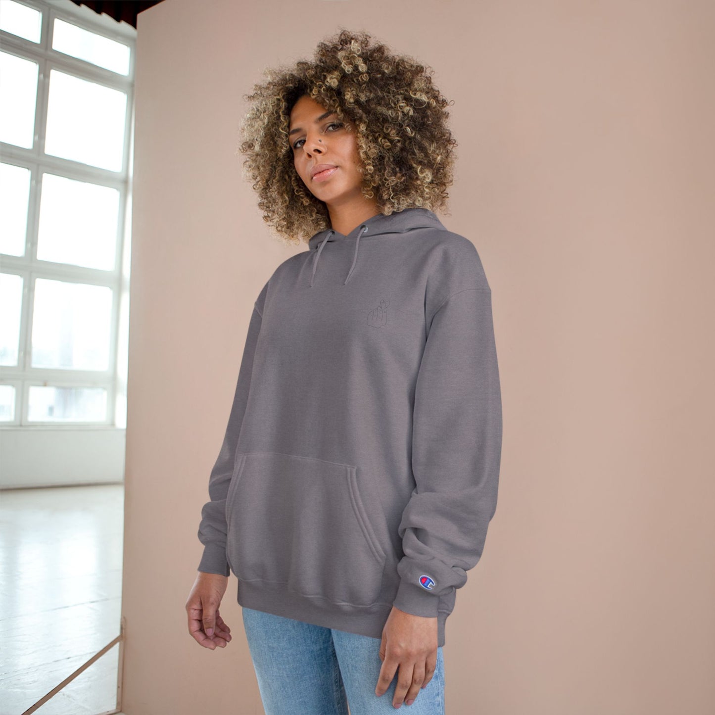Champion Hoodie with Korean Finger Heart Graphic – Minimal White Pullover
