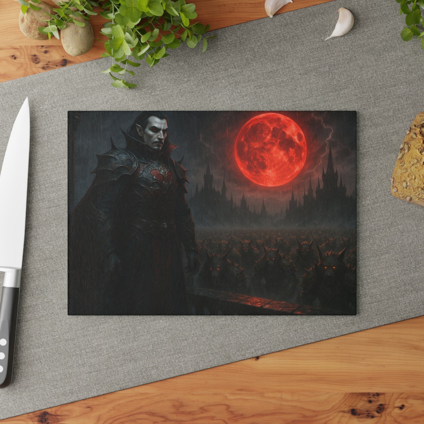 Vampire Blood Moon Glass Cutting Board — Gothic Kitchen Décor