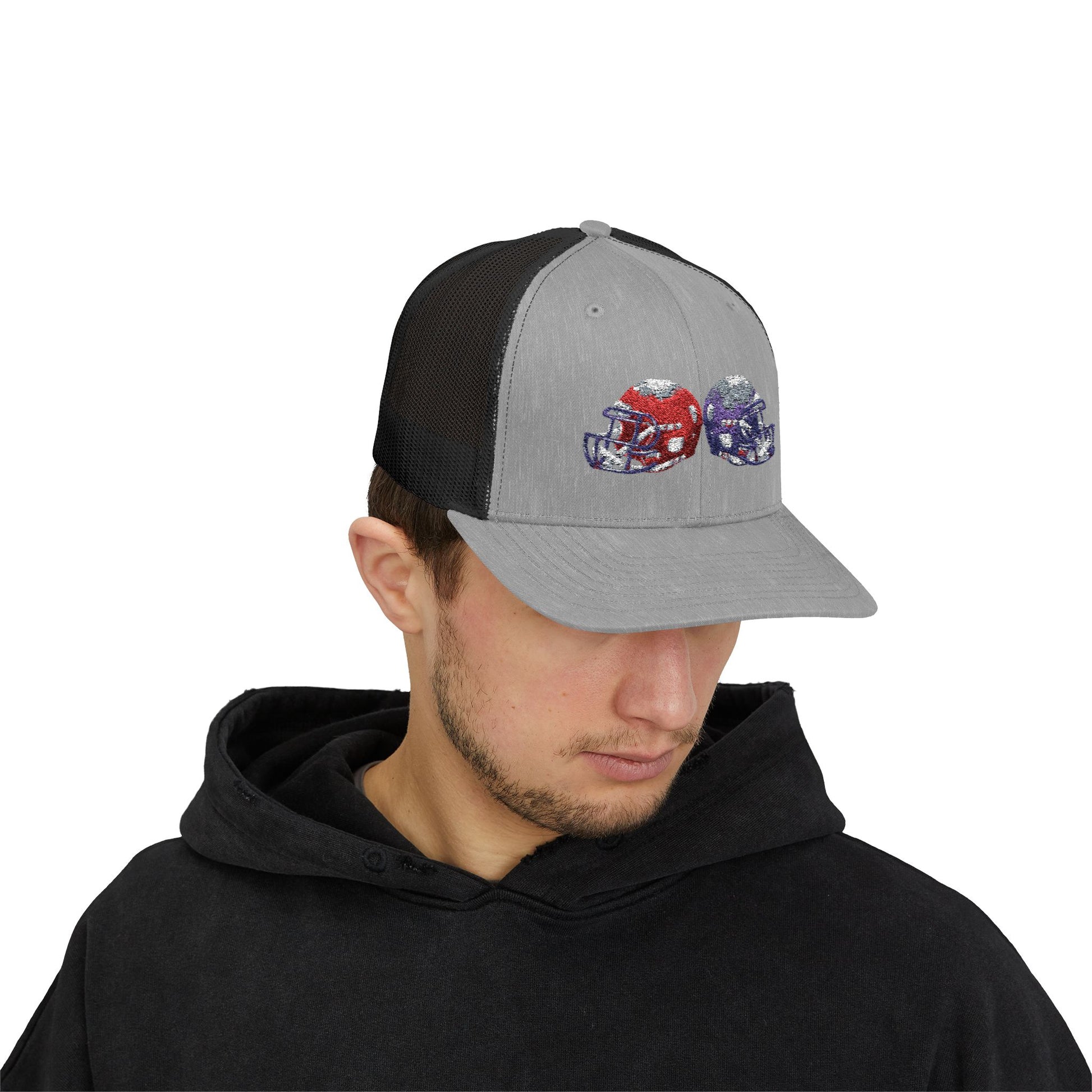 Sporty Snapback Trucker Cap with Football Helmets, Baseball Cap, Outdoor Activity Hat, Gift for Sports Fans, Team Spirit Wear - TRV