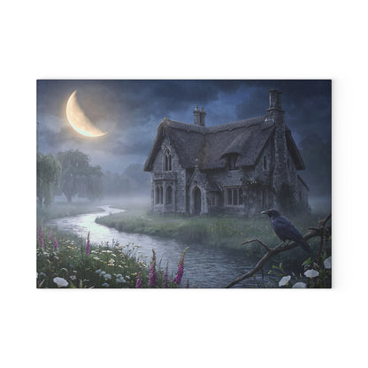 Moonlit Cottage river scene Glass Cutting Board | mystical night landscape