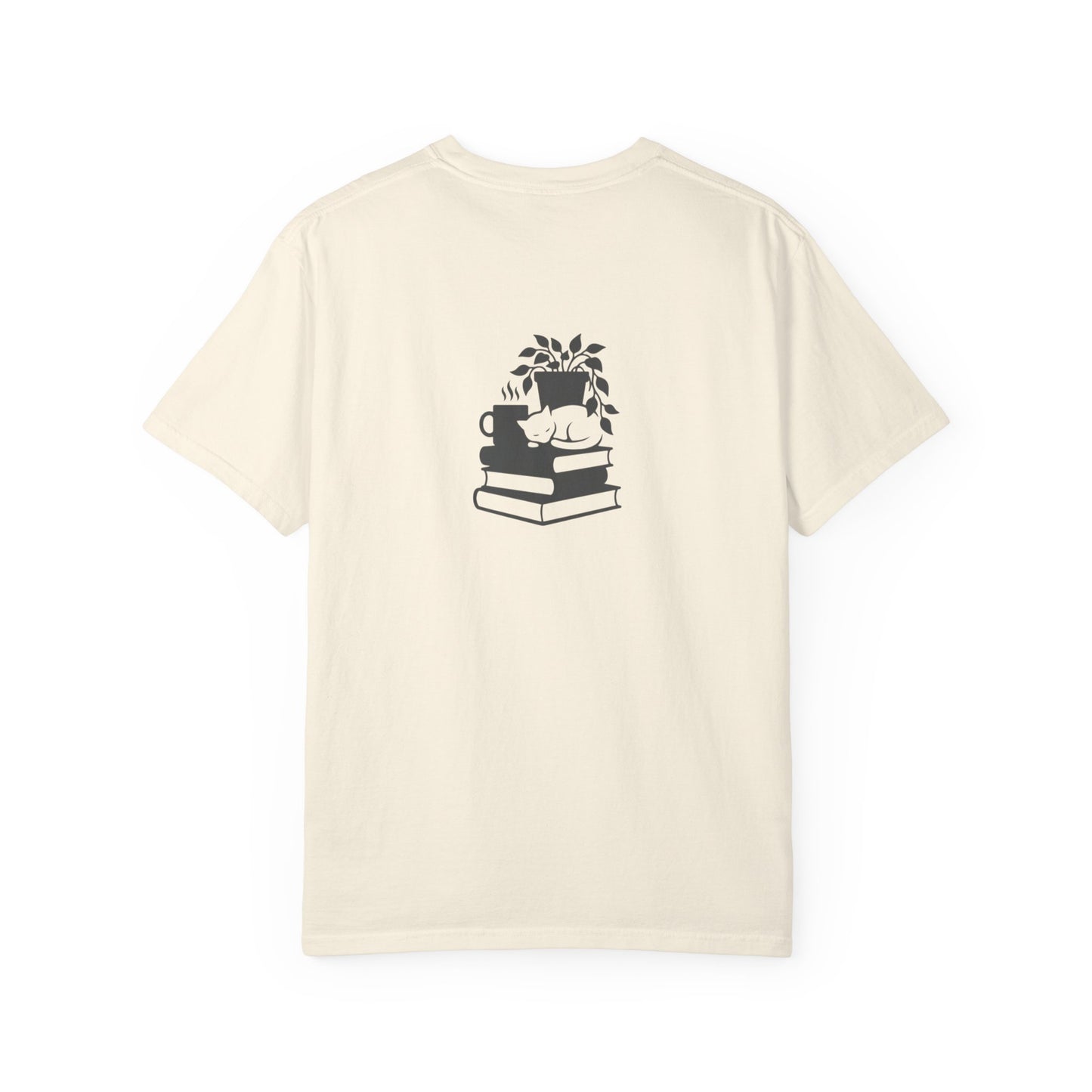 Cozy Cat on Books T-Shirt | Reading Tea Stack Illustration