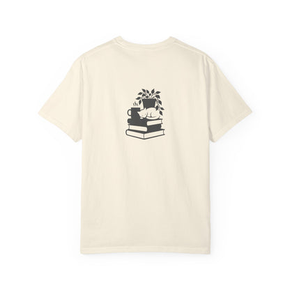 Cozy Cat on Books T-Shirt | Reading Tea Stack Illustration
